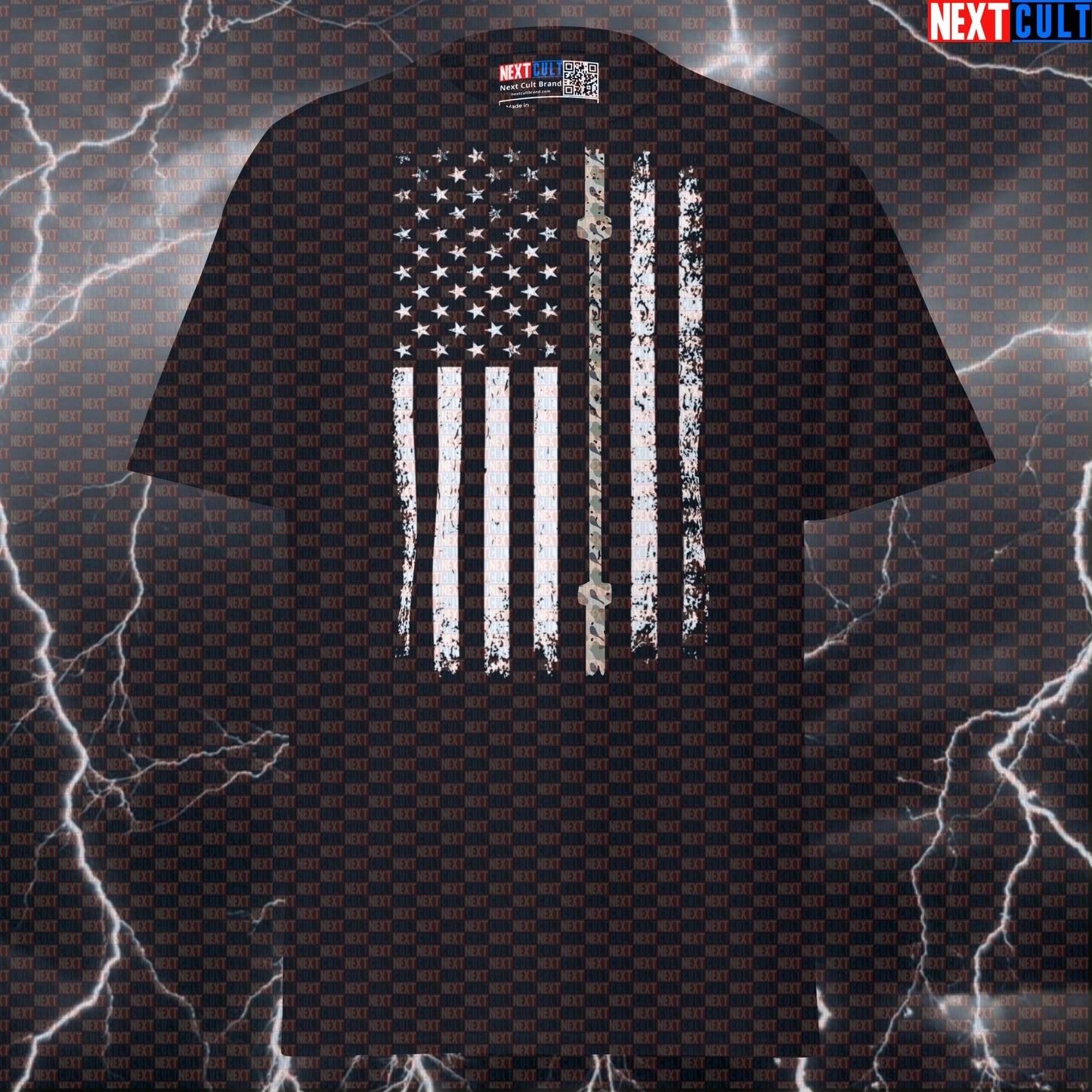 Thin Camouflage Line Barbell Flag Patriotic Gym Tee | Funny American Lifting T-Shirt T-shirts 4th of July Fitness Gym Powerlifting Pump Cover Workout Next Cult Brand