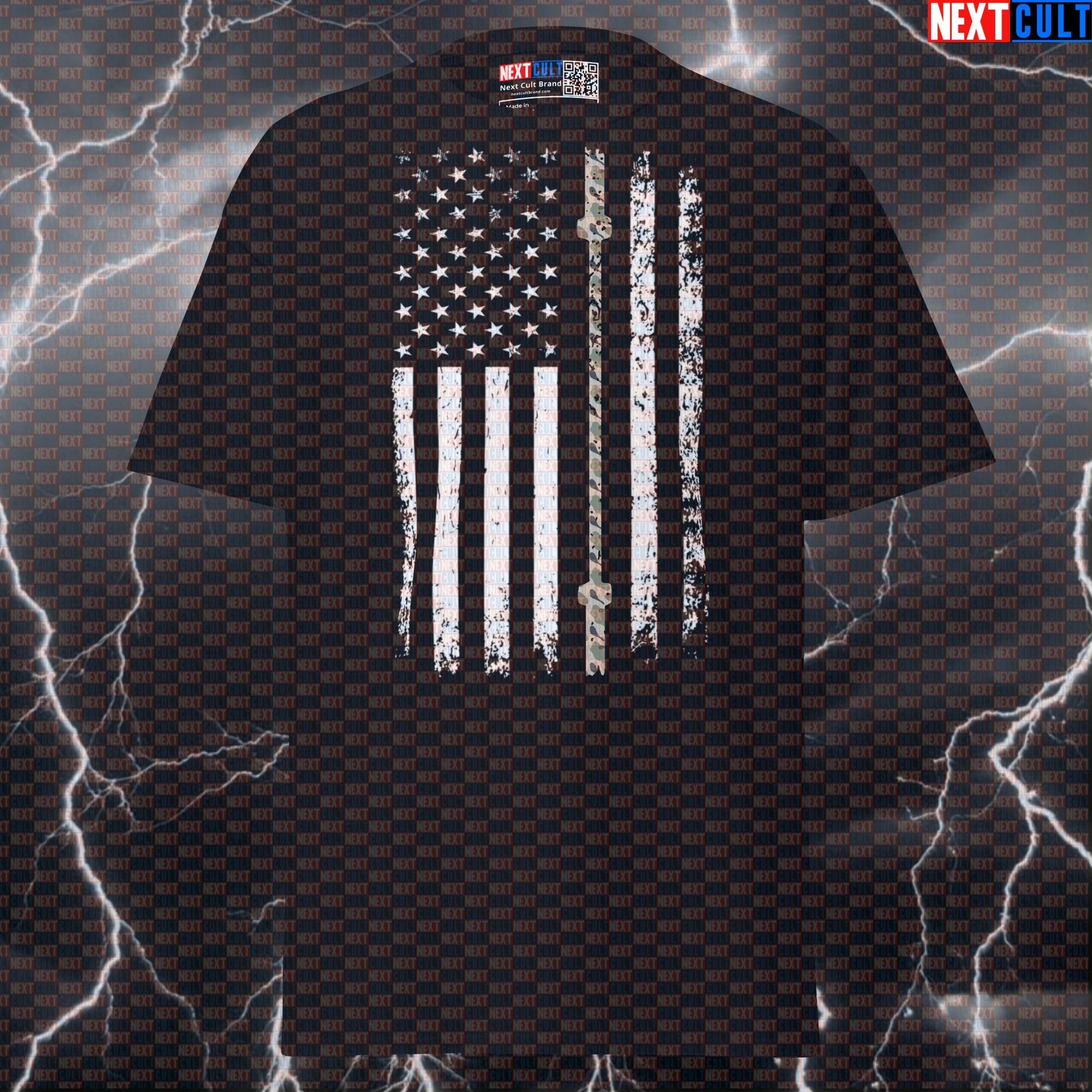 Thin Camouflage Line Barbell Flag Patriotic Gym Tee | Funny American Lifting T-Shirt T-shirts 4th of July Fitness Gym Powerlifting Pump Cover Workout Next Cult Brand