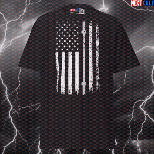 Thin Grey Line Barbell Flag Patriotic Gym Tee | Corrections & Security Fitness Pump Cover T-Shirt T-shirts 4th of July Fitness Gym Powerlifting Pump Cover Workout Next Cult Brand