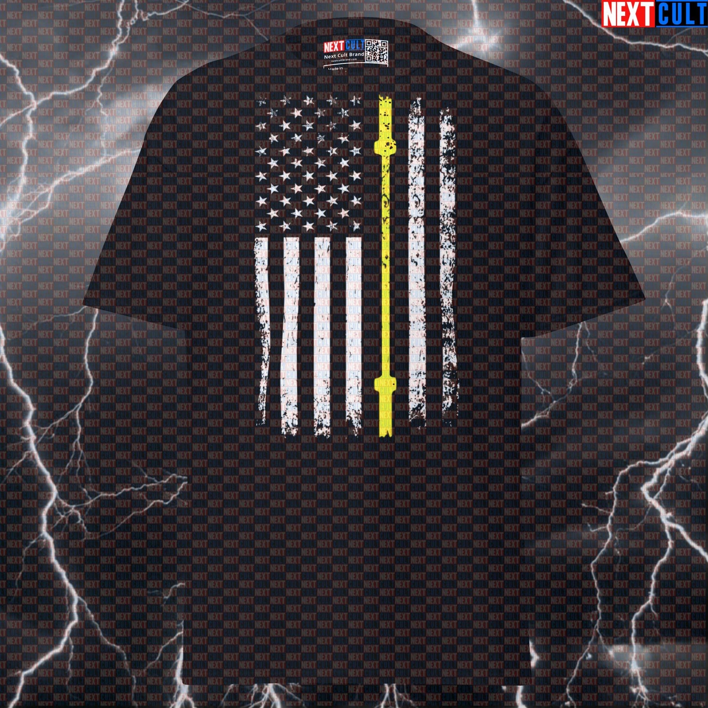 Thin Yellow Line American Flag Barbell T-Shirt | Honoring Security & Lifters Patriotic Gym Tee T-shirts 4th of July Fitness Gym Powerlifting Pump Cover Workout Next Cult Brand