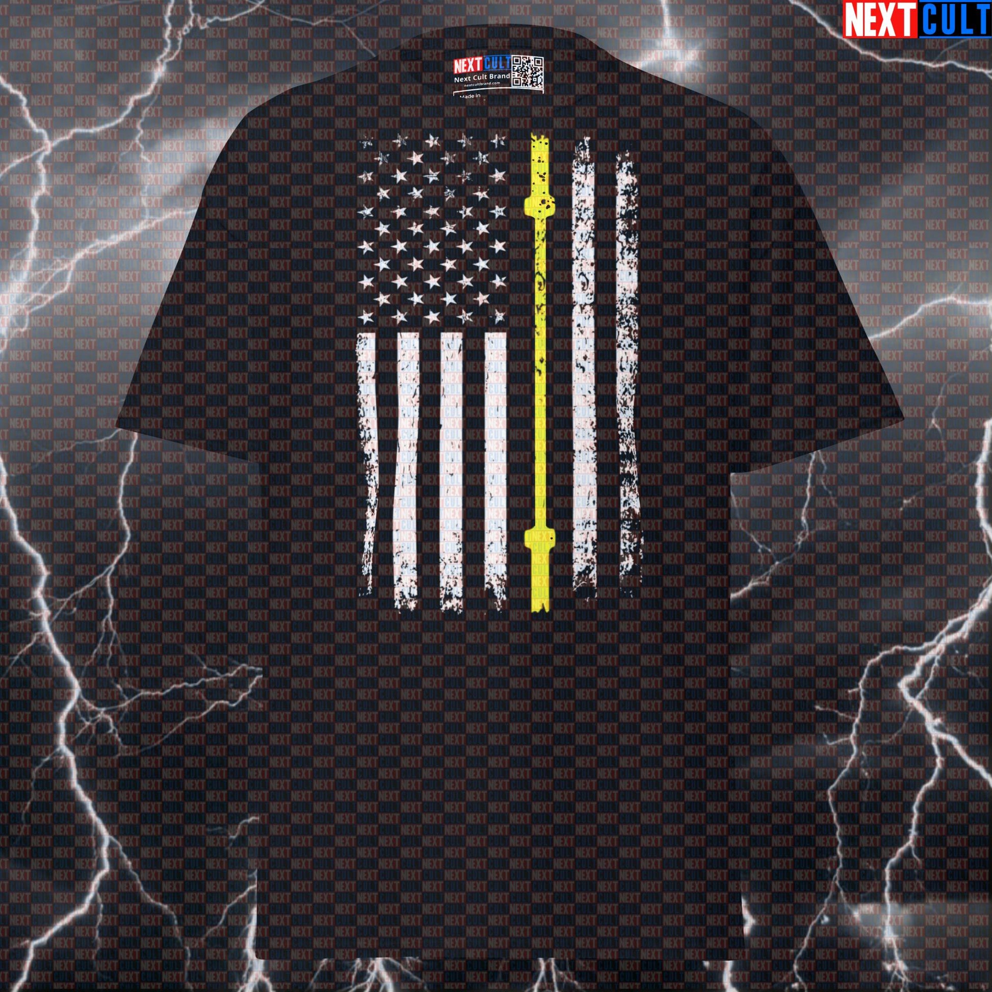 Thin Yellow Line American Flag Barbell T-Shirt | Honoring Security & Lifters Patriotic Gym Tee T-shirts 4th of July Fitness Gym Powerlifting Pump Cover Workout Next Cult Brand