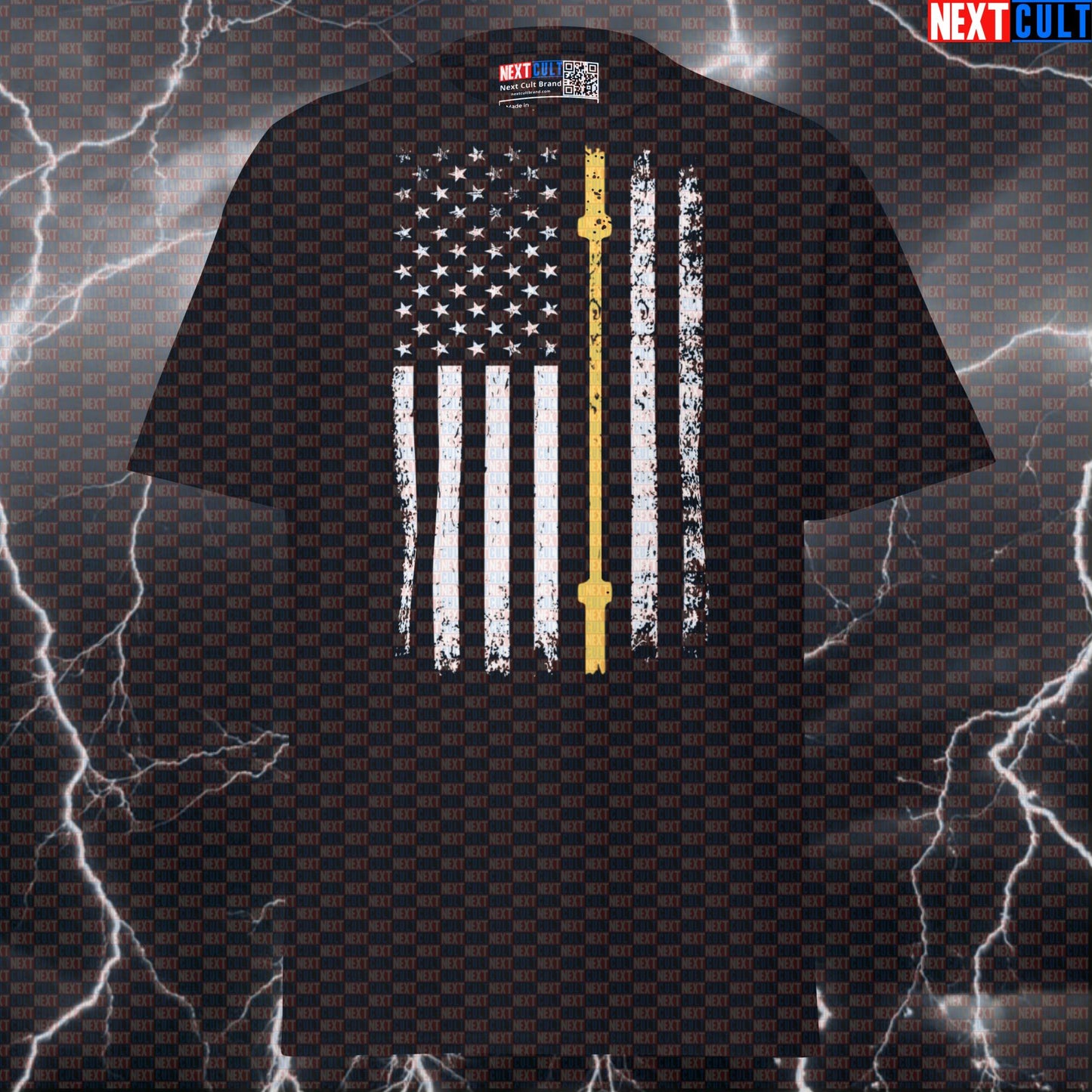 Thin Gold Line Barbell Flag T-Shirt | Patriotic Workout Tee for Lifters & 9-1-1 Dispatchers Honor T-shirts 4th of July Fitness Gym Powerlifting Pump Cover Workout Next Cult Brand