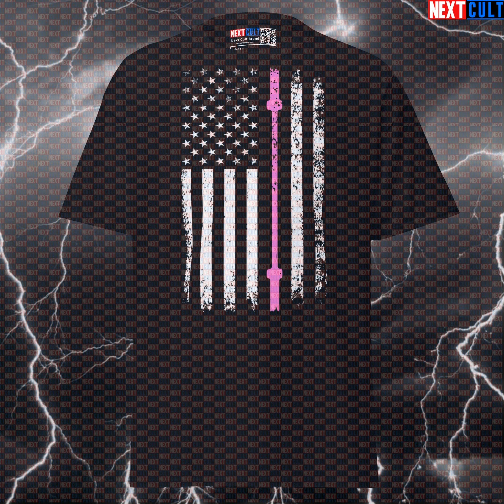 Thin Pink Line Barbell Flag Patriotic Gym Tee | Breast Cancer Awareness Funny Workout T-Shirt T-shirts 4th of July Fitness Gym Powerlifting Pump Cover Workout Next Cult Brand