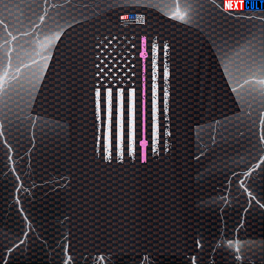 Thin Pink Line Barbell Flag Patriotic Gym Tee | Breast Cancer Awareness Funny Workout T-Shirt T-shirts 4th of July Fitness Gym Powerlifting Pump Cover Workout Next Cult Brand
