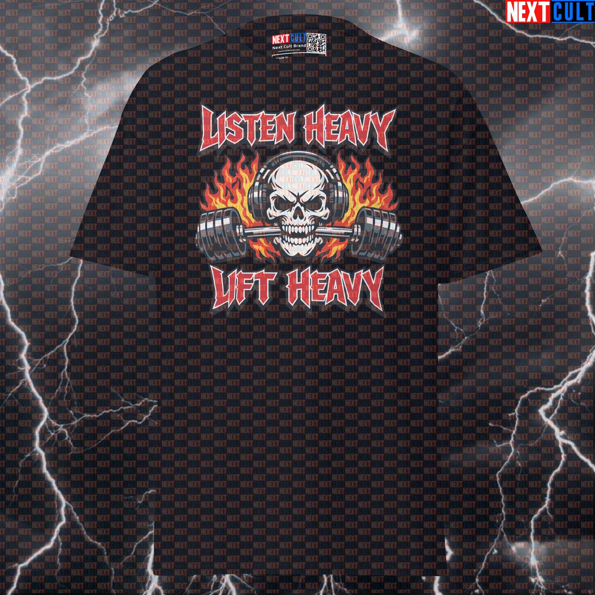 Listen Heavy Lift Heavy Funny Gym Shirt | Heavy Metal Lifting Skull Pump Cover Graphic Tee T-shirts Next Cult Brand