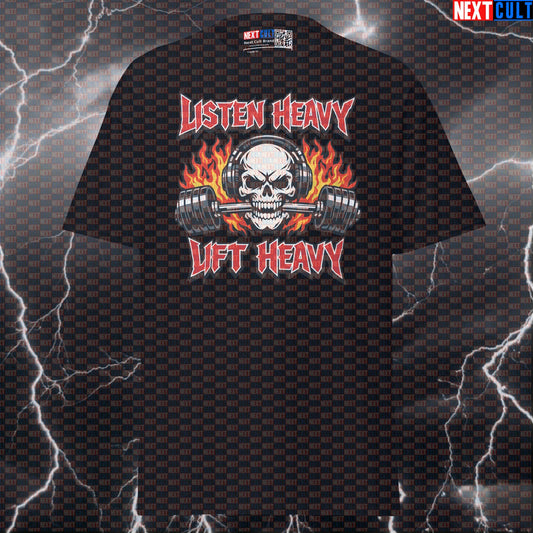 Listen Heavy Lift Heavy Funny Gym Shirt | Heavy Metal Lifting Skull Pump Cover Graphic Tee T-shirts Bodybuilding Fitness Gym Powerlifting Pump Cover Rock Music Workout Next Cult Brand