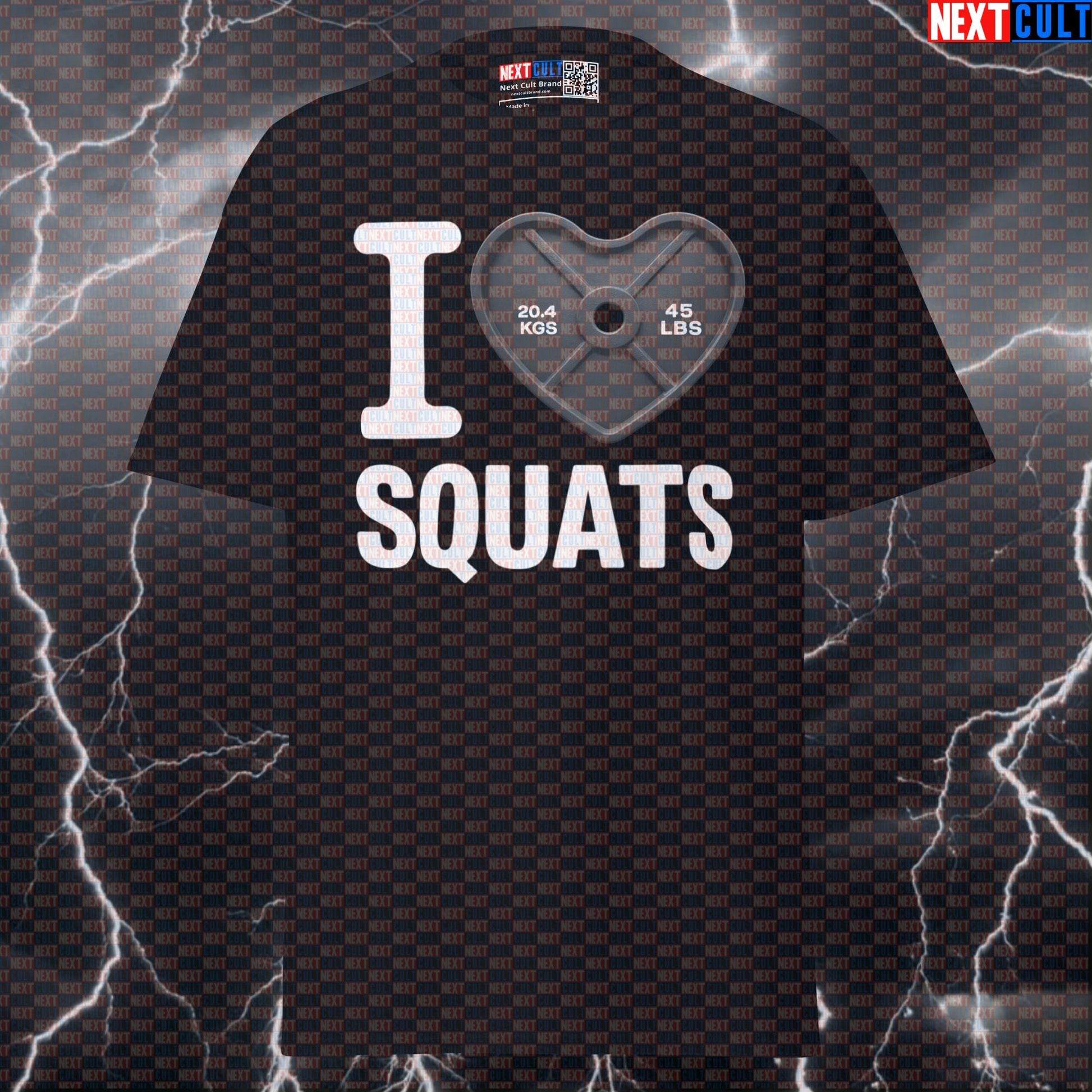 I Love Squats Funny Gym T-Shirt | Valentine's Leg Day Pump Cover with Black Heart Weight Plate T-shirts Bodybuilding Fitness Gym Leg Day Powerlifting Pump Cover Valentine's Day Workout Next Cult Brand