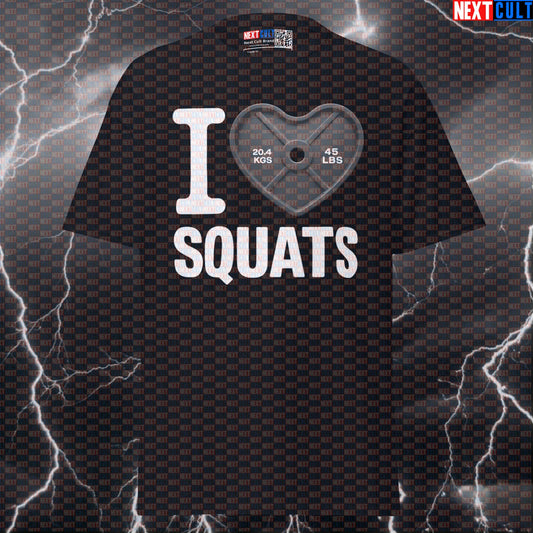 I Love Squats Funny Gym T-Shirt | Valentine's Leg Day Pump Cover with Black Heart Weight Plate T-shirts Bodybuilding Fitness Gym Leg Day Powerlifting Pump Cover Valentine's Day Workout Next Cult Brand