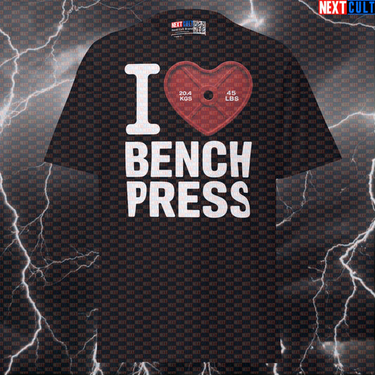 I Love Bench Press Funny Gym Shirt | Red Heart Weight Plate Graphic Tee For Chest Day T-shirts Bodybuilding Fitness Gym Powerlifting Pump Cover Valentine's Day Workout Next Cult Brand