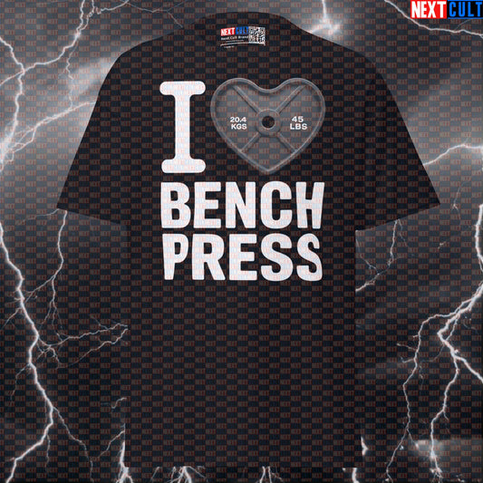 I Love Bench Press Funny Gym Tee | Black Heart Weight Plate Graphic Shirt for Chest Day & Lifting T-shirts Bodybuilding Fitness Gym Powerlifting Pump Cover Valentine's Day Workout Next Cult Brand