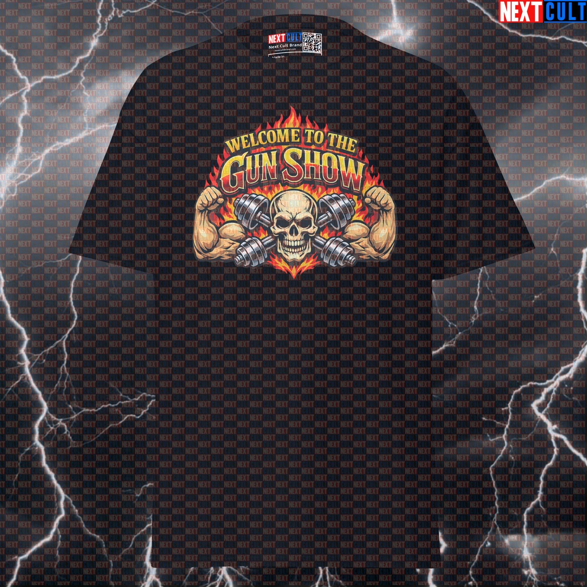 Welcome to the Gun Show Funny Gym Graphic T Shirt for Big Biceps Rock Music Gymbro Gains | Guns and Roses Workout Tee Top T-shirts Bodybuilding Fitness Guns N' Roses Gym Pump Cover Rock Music Workout Next Cult Brand