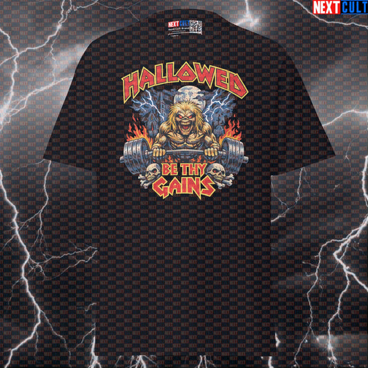 Hallowed Be Thy Gains Heavy Metal Iron Maiden Gymbro Funny Workout Graphic T-Shirt for Lifters & Bodybuilding T-shirts Bodybuilding Fitness Gym Iron Maiden Powerlifting Pump Cover Rock Music Workout Next Cult Brand