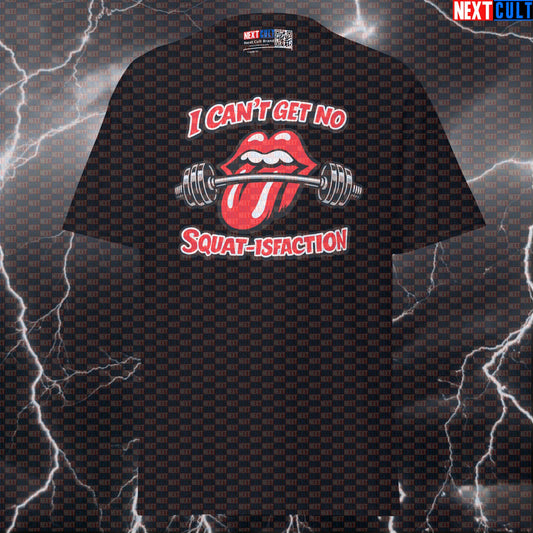I Can’t Get No Squat-isfaction Rolling Stones Leg Day Funny Gym T-Shirt — Rock Music Meme Workout Graphic Tee for Bodybuilding & Powerlifting Bodybuilding Fitness Gym Leg Day Powerlifting Pump Cover Rock Music The Rolling Stones Next Cult Brand