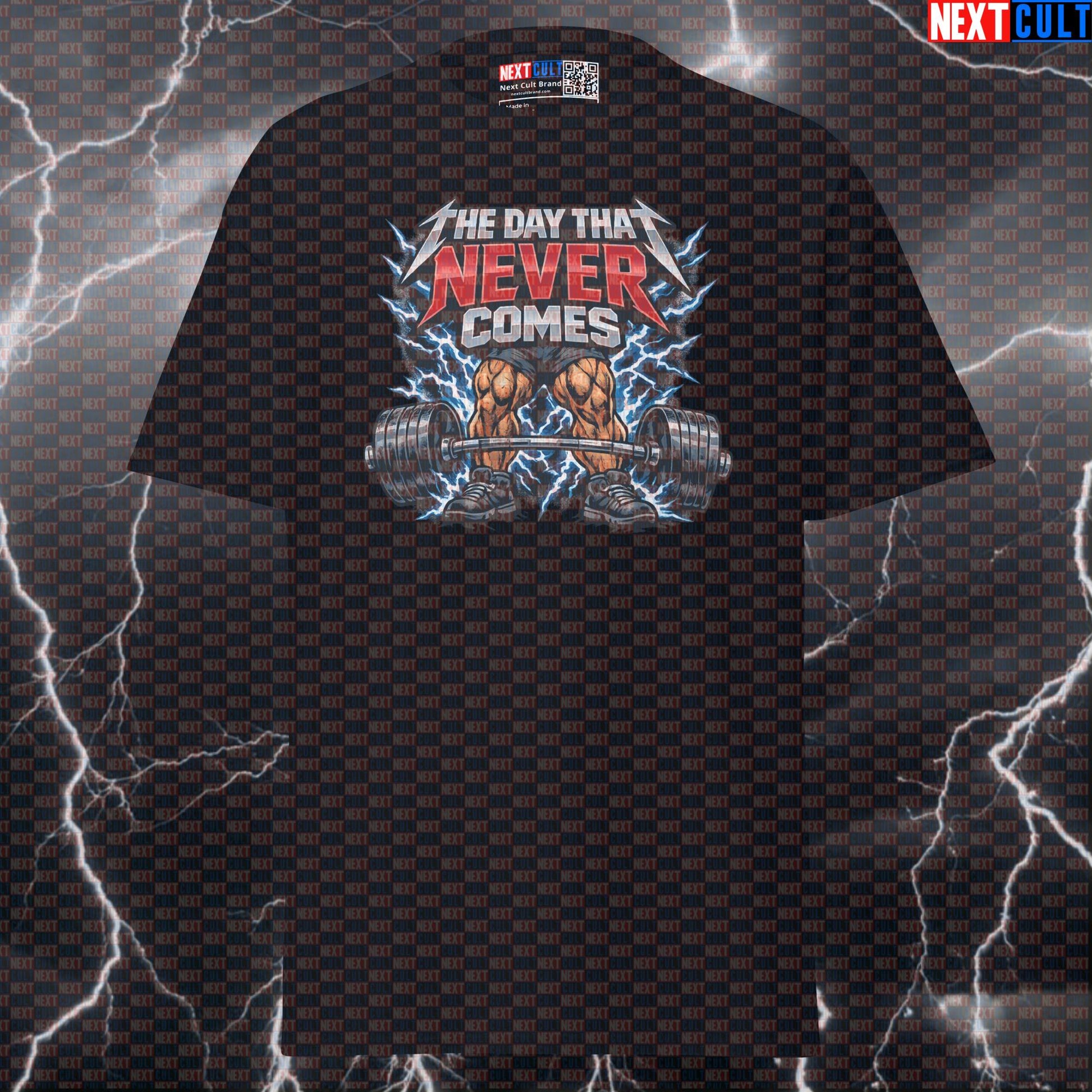 Leg Day The Day That Never Comes Metallica Funny Gym T-Shirt — Rock Music Meme Workout Graphic Tee for Bodybuilding & Powerlifting Lifters Bodybuilding Fitness Gym Leg Day Metallica Powerlifting Pump Cover Rock Music Workout Next Cult Brand