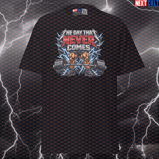 Leg Day The Day That Never Comes Metallica Funny Gym T-Shirt — Rock Music Meme Workout Graphic Tee for Bodybuilding & Powerlifting Lifters Bodybuilding Fitness Gym Leg Day Metallica Powerlifting Pump Cover Rock Music Workout Next Cult Brand