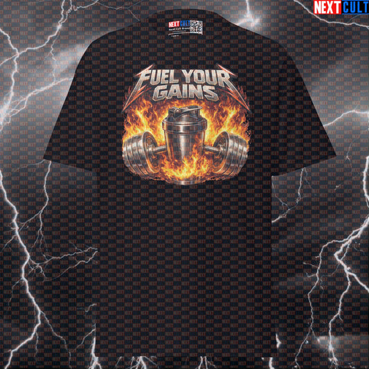 Fuel Your Gains Metallica Heavy Metal Funny Gym T-Shirt — Protein Shakes Rock Music Workout Graphic Tee for Bodybuilding Lifters Bodybuilding Fitness Gym Metallica Powerlifting Pump Cover Rock Music Workout Next Cult Brand