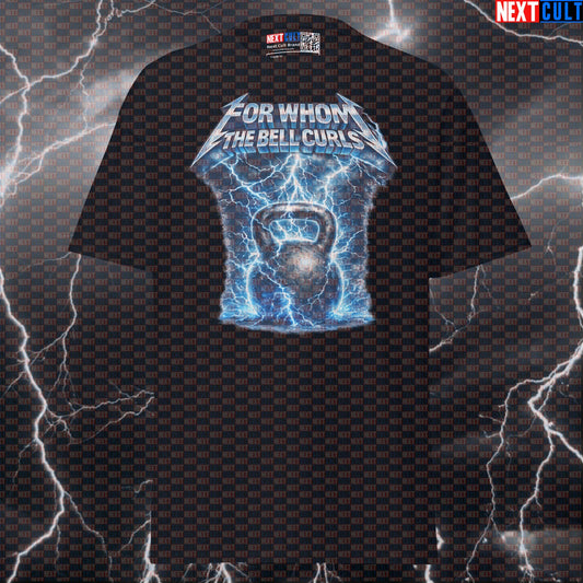 For Whom The Bell Curls Funny Gym T-Shirt Metallica Kettlebell Workout Tee Heavy Metal Fitness Meme Shirt Bodybuilding Fitness Gym Kettlebell Metallica Pump Cover Rock Music Workout Next Cult Brand