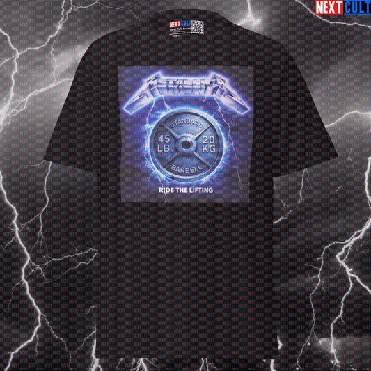 Ride The Lifting Funny Gym T-Shirt Ride The Lightning Album Cover Parody Metallica Heavy Metal Workout Tee Bodybuilding Fitness Gym Metallica Powerlifting Pump Cover Rock Music Workout Next Cult Brand
