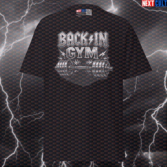 Back In Gym Funny Gym T-Shirt Back In Black Album Cover Parody AC/DC Heavy Metal Rock Music Workout Tee T-shirts AC/DC Bodybuilding Fitness Gym Powerlifting Pump Cover Rock Music Workout Next Cult Brand