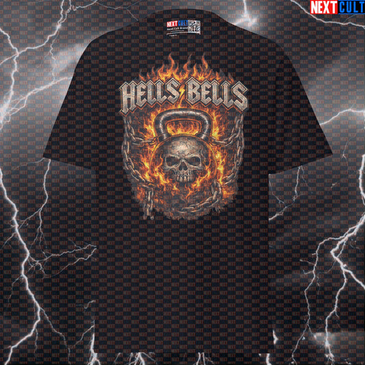 Hells Kettlebells Funny Gym T-Shirt Hells Bells Parody AC/DC Heavy Metal Rock Workout Tee for Lifters T-shirts AC/DC Bodybuilding Fitness Gym Kettlebell Pump Cover Rock Music Workout Next Cult Brand