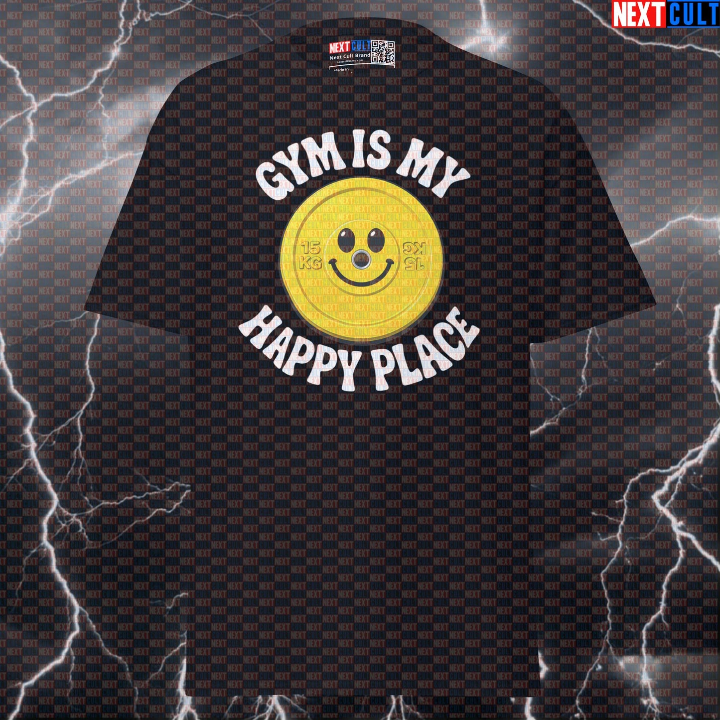 Gym Is My Happy Place Funny Gym T-Shirt Happy Weights Emoji Weight Plate Smiley Face Graphic Tee for Lifters T-shirts Bodybuilding Fitness Gym Powerlifting Pump Cover Workout Next Cult Brand