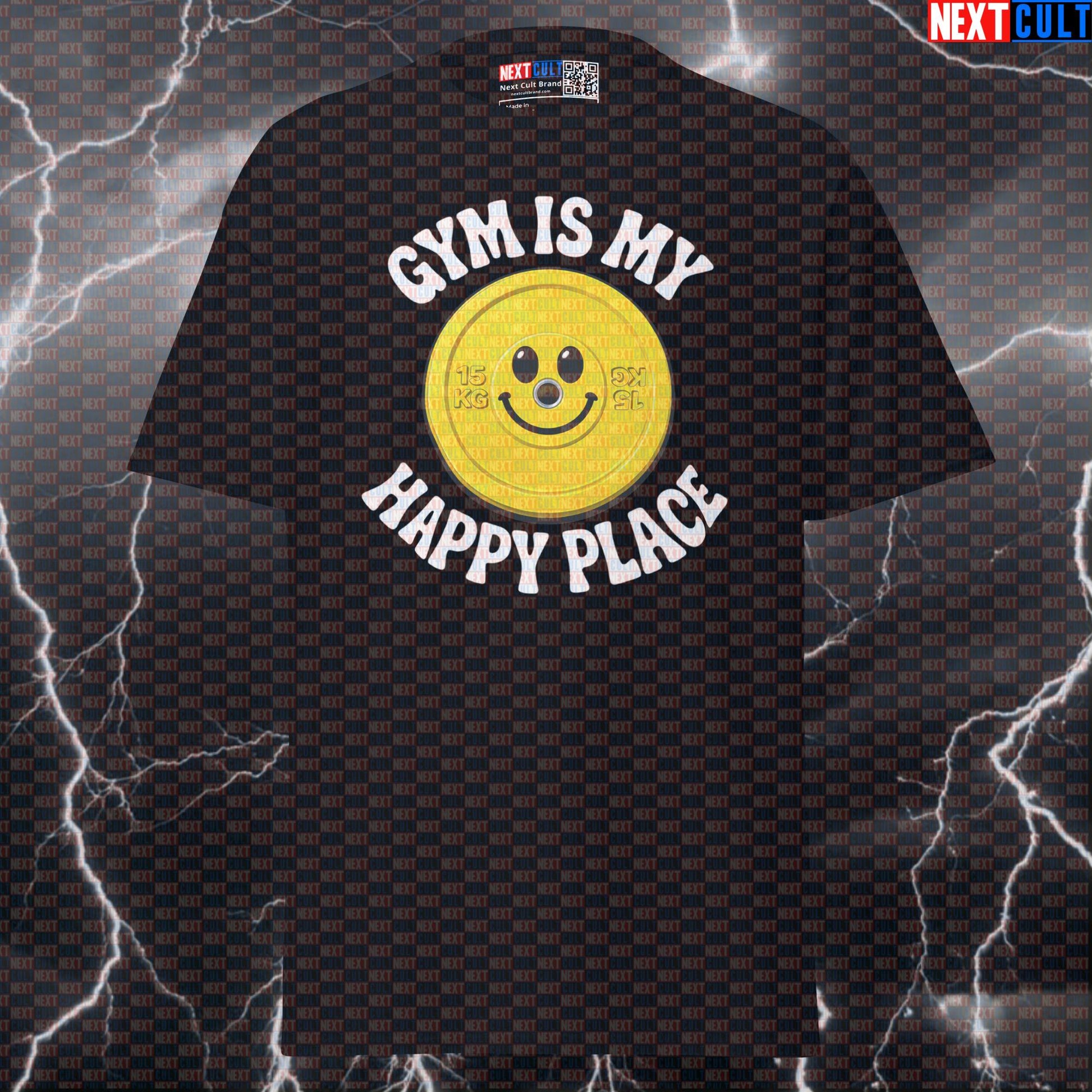 Gym Is My Happy Place Funny Gym T-Shirt Happy Weights Emoji Weight Plate Smiley Face Graphic Tee for Lifters T-shirts Bodybuilding Fitness Gym Powerlifting Pump Cover Workout Next Cult Brand