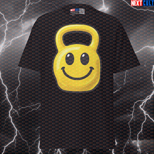 Happy Kettlebell Emoji Funny Gym T-Shirt Smiley Kettlebell Graphic Tee for Lifters Who Love Fitness, Happiness, and Heavy Workouts T-shirts Bodybuilding Fitness Gym Kettlebell Pump Cover Workout Next Cult Brand