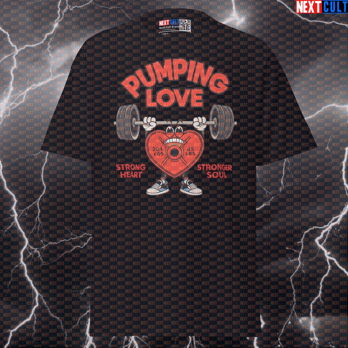 Pumping Love Strong Heart Stronger Soul Funny Valentine’s Day Gym T-Shirt with Heart-Shaped Weight Plate Meme T-shirts Bodybuilding Fitness Gym Powerlifting Pump Cover Valentine's Day Workout Next Cult Brand