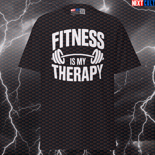 Fitness Is My Therapy Funny Gym T-Shirt – Workout Fitness Lifting Bodybuilding Powerlifting Meme Graphic Tee Bodybuilding Fitness Gym Powerlifting Pump Cover Workout Next Cult Brand