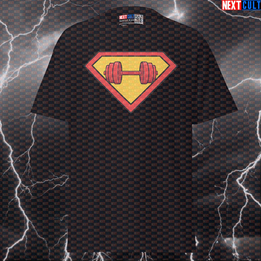 Superman Dumbbells Logo Funny Gym T-Shirt – Superhero Workout Tee Graphic Gym Shirt for Bodybuilding Powerlifting Fitness Meme Lifters T-shirts Next Cult Brand