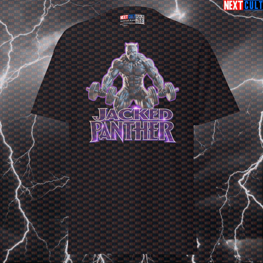 Jacked Panther Black Panther Funny Gym T-Shirt Workout Tee Graphic Gym Shirt Bodybuilding Powerlifting Fitness Meme Avengers Black Panther Bodybuilding Films Fitness Gym Pump Cover Superheroes Workout Next Cult Brand
