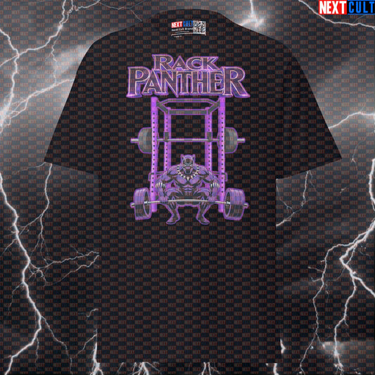 Rack Panther Black Panther Funny Gym T-Shirt Workout Tee Graphic Gym Shirt Squat Rack Bodybuilding Powerlifting Meme Avengers Black Panther Bodybuilding Films Fitness Gym Powerlifting Pump Cover Superheroes Workout Next Cult Brand
