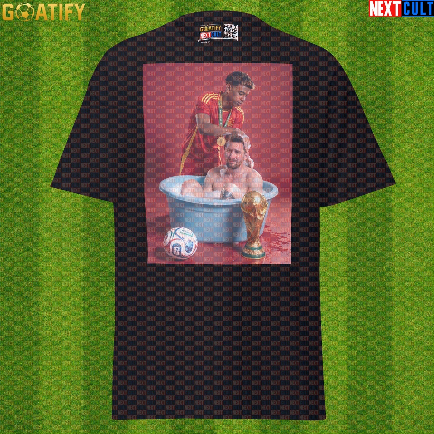 Lamine Yamal T-Shirt – World Cup Final Bath Meme Graphic Tee for Spain and Barcelona Fans |  | ["Argentina", "Barcelona", "Football", "Lamine Yamal", "Lionel Messi", "Soccer", "Spain"]