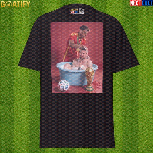 Lamine Yamal T-Shirt – World Cup Final Bath Meme Graphic Tee for Spain and Barcelona Fans |  | ["Argentina", "Barcelona", "Football", "Lamine Yamal", "Lionel Messi", "Soccer", "Spain"]