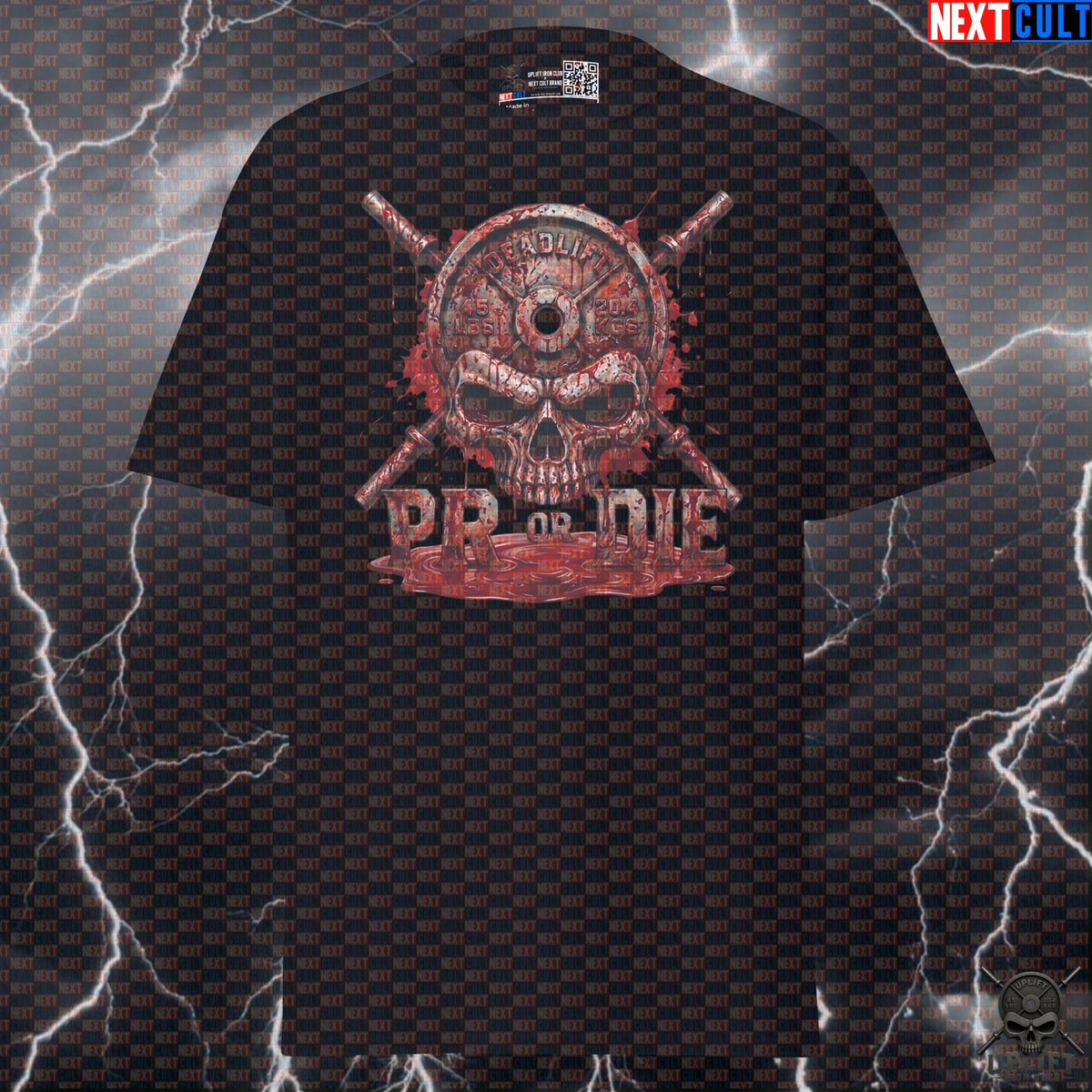 Deadlift T-Shirt PR or Die Skull Graphic for Lifters, Hardcore Halloween Gym Shirt | T-shirts | ["Bodybuilding", "Fitness", "Gym", "Halloween", "Hardcore", "Leg Day", "NCB", "Powerlifting", "Pump Cover", "Workout"]