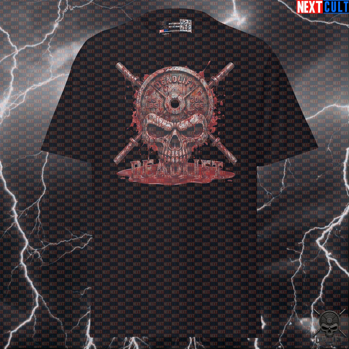 Deadlift T-Shirt Bloody Skull Graphic for Lifters, Hardcore Horror Gym Shirt Halloween Gift | T-shirts | ["Bodybuilding", "Fitness", "Gym", "Halloween", "Hardcore", "Leg Day", "NCB", "Powerlifting", "Pump Cover", "Workout"]