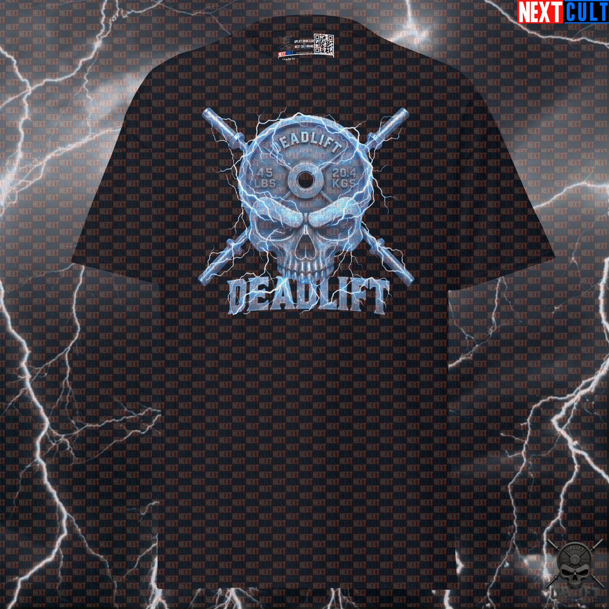 Deadlift T-Shirt Electric Skull Graphic for Lifters, Hardcore Gym Shirt Leg Day Gift | T-shirts | ["Bodybuilding", "Fitness", "Gym", "Hardcore", "Leg Day", "NCB", "Powerlifting", "Pump Cover", "Workout"]