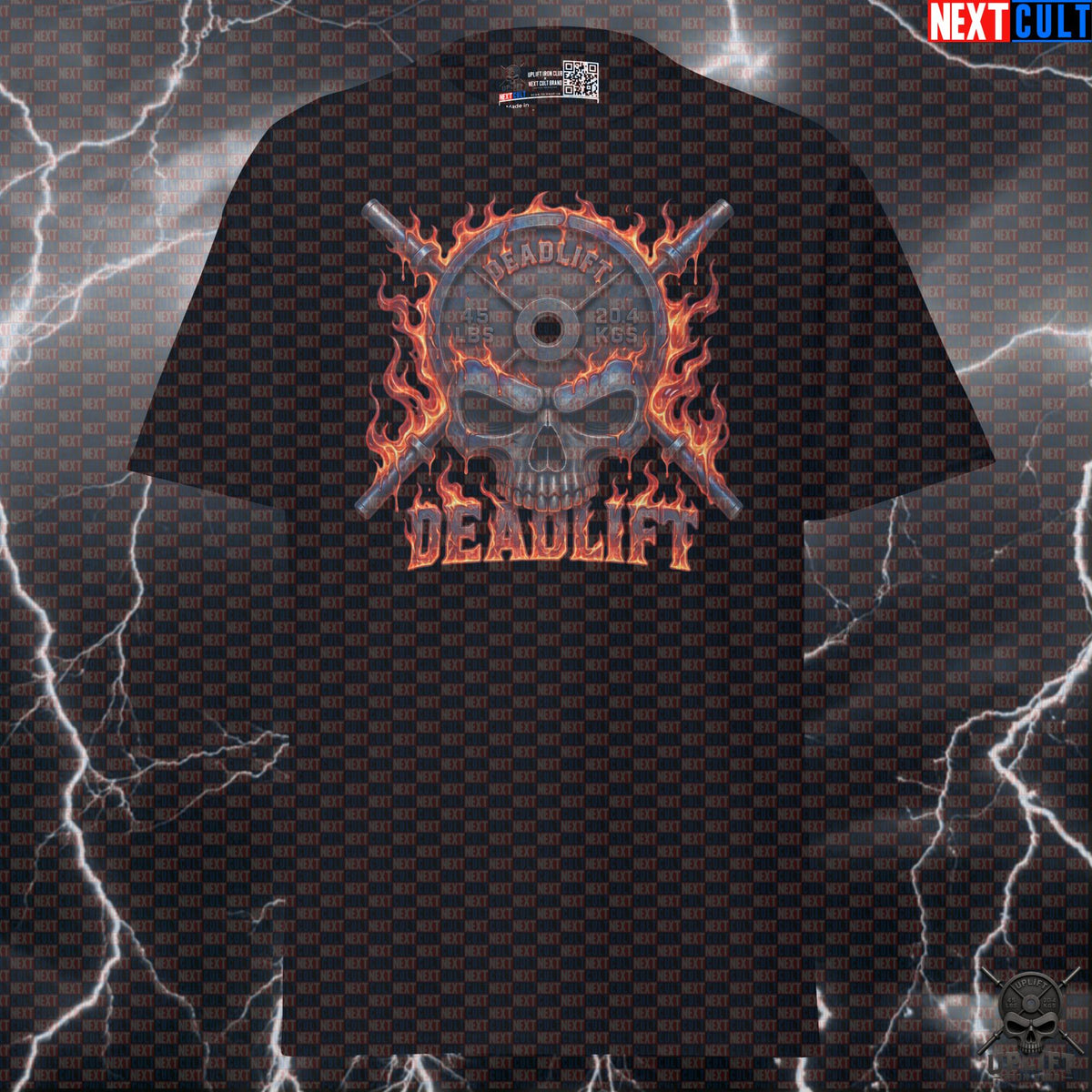 Deadlift T-Shirt Flaming Skull Graphic for Lifters, Hardcore Leg Day Gym Shirt Gift | T-shirts | ["Bodybuilding", "Fitness", "Gym", "Hardcore", "Leg Day", "NCB", "Powerlifting", "Pump Cover", "Workout"]