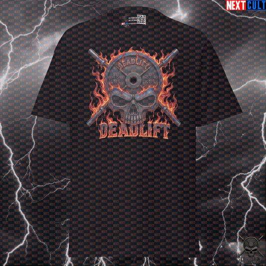 Deadlift T-Shirt Flaming Skull Graphic for Lifters, Hardcore Leg Day Gym Shirt Gift T-shirts Next Cult Brand