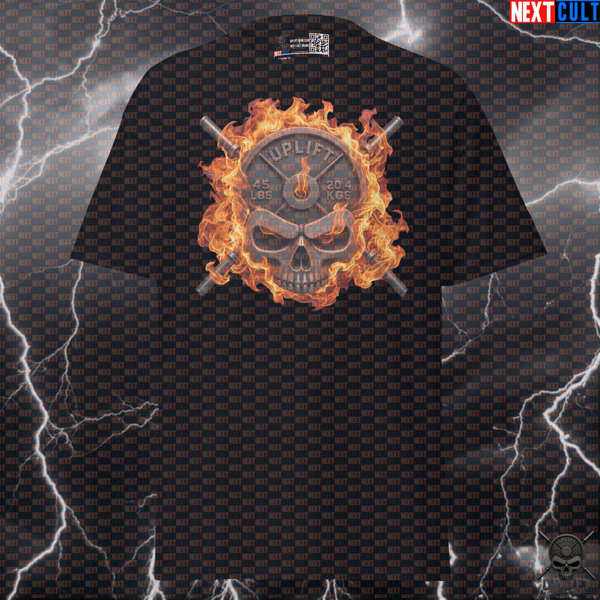 T-Shirt Flaming Skull Gym Shirt for Lifters Workout Gift Uplift Iron Club Fire Design | T-shirts | ["Bodybuilding", "Fitness", "Gym", "Hardcore", "NCB", "Powerlifting", "Pump Cover", "Workout"]