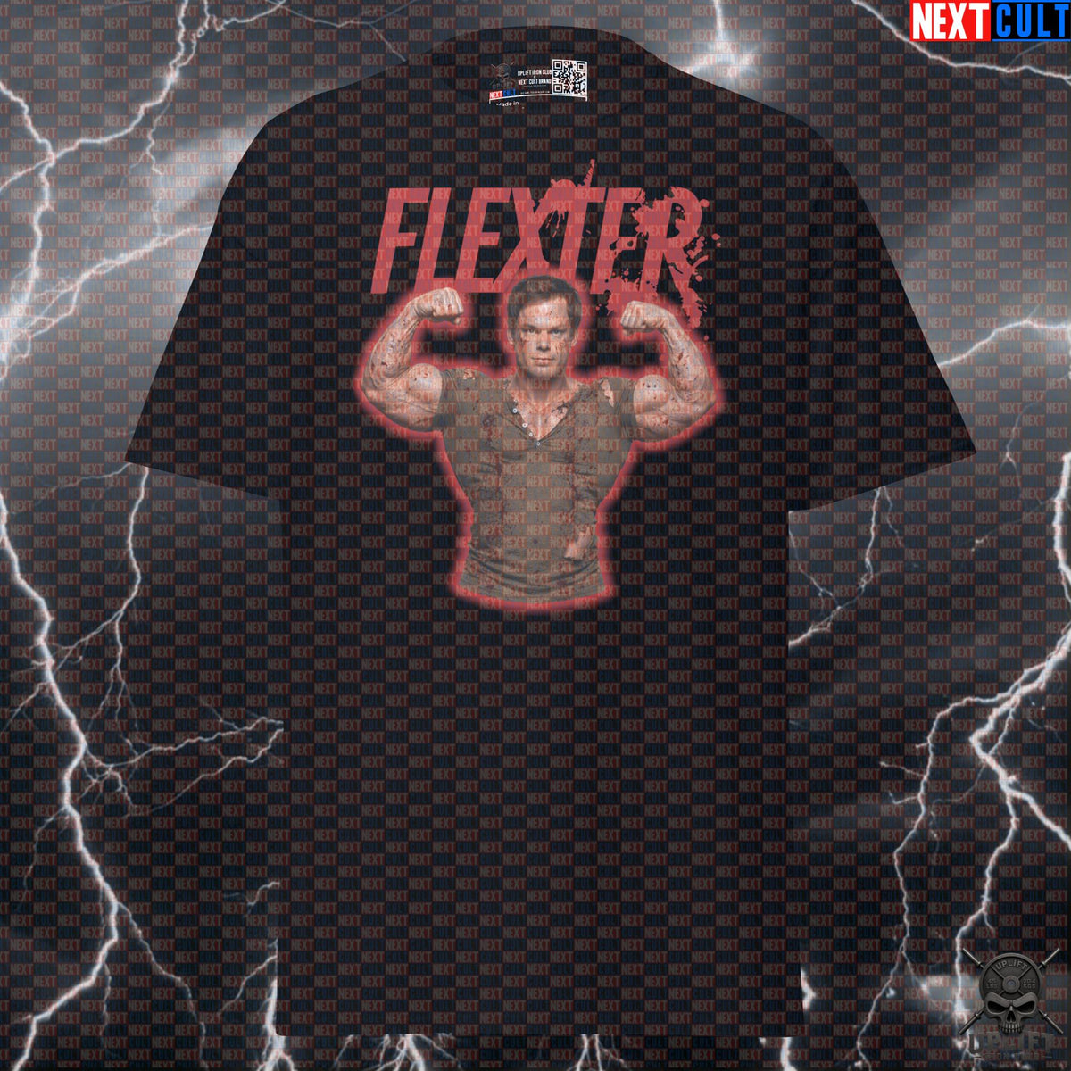 Flexter T-Shirt Dexter Gym Parody for Bodybuilders, Lifters & Horror Workout Fans | T-shirts | ["Bodybuilding", "Dexter", "Fitness", "Gym", "Halloween", "NCB", "Pump Cover", "TV", "Workout"]
