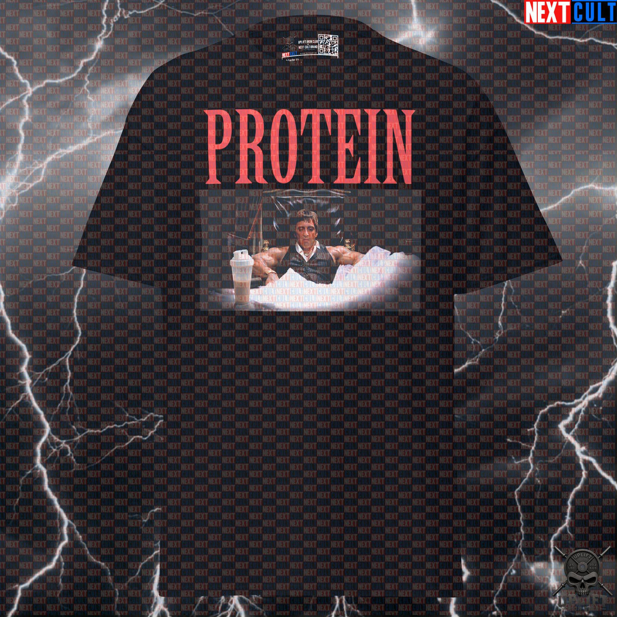Protein T-Shirt Scarface Gym Parody for Bodybuilders, Gym Bros & Movie Buffs | T-shirts | ["Bodybuilding", "Films", "Fitness", "Gym", "NCB", "Protein", "Pump Cover", "Scarface", "Workout"]