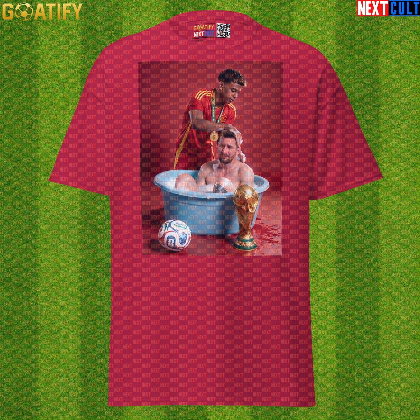 Lamine Yamal T-Shirt – World Cup Final Bath Meme Graphic Tee for Spain and Barcelona Fans |  | ["Argentina", "Barcelona", "Football", "Lamine Yamal", "Lionel Messi", "Soccer", "Spain"]