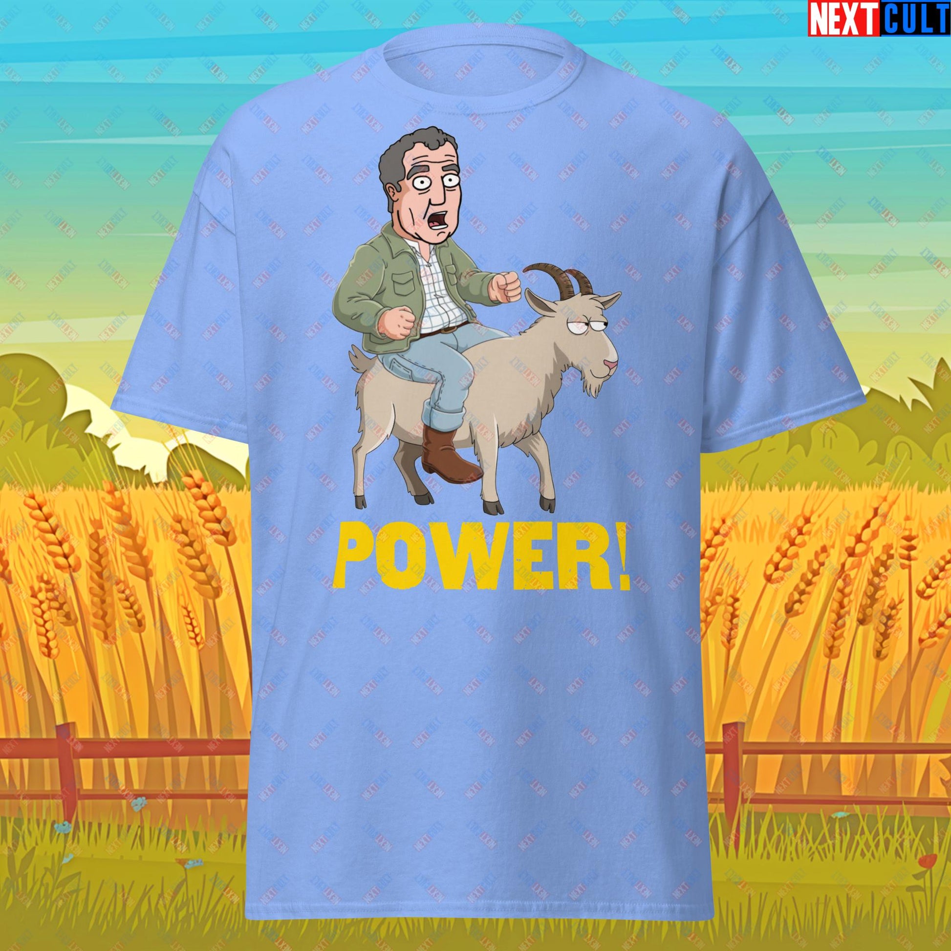 Speed and Power Goat Jeremy Clarkson's Farm Diddly Squat Grand Tour Top Gear Funny Meme Cartoon Unisex tee Carolina Blue T-shirts Clarkson's Farm Grand Tour Jeremy Clarkson Top Gear TV Shows Next Cult Brand