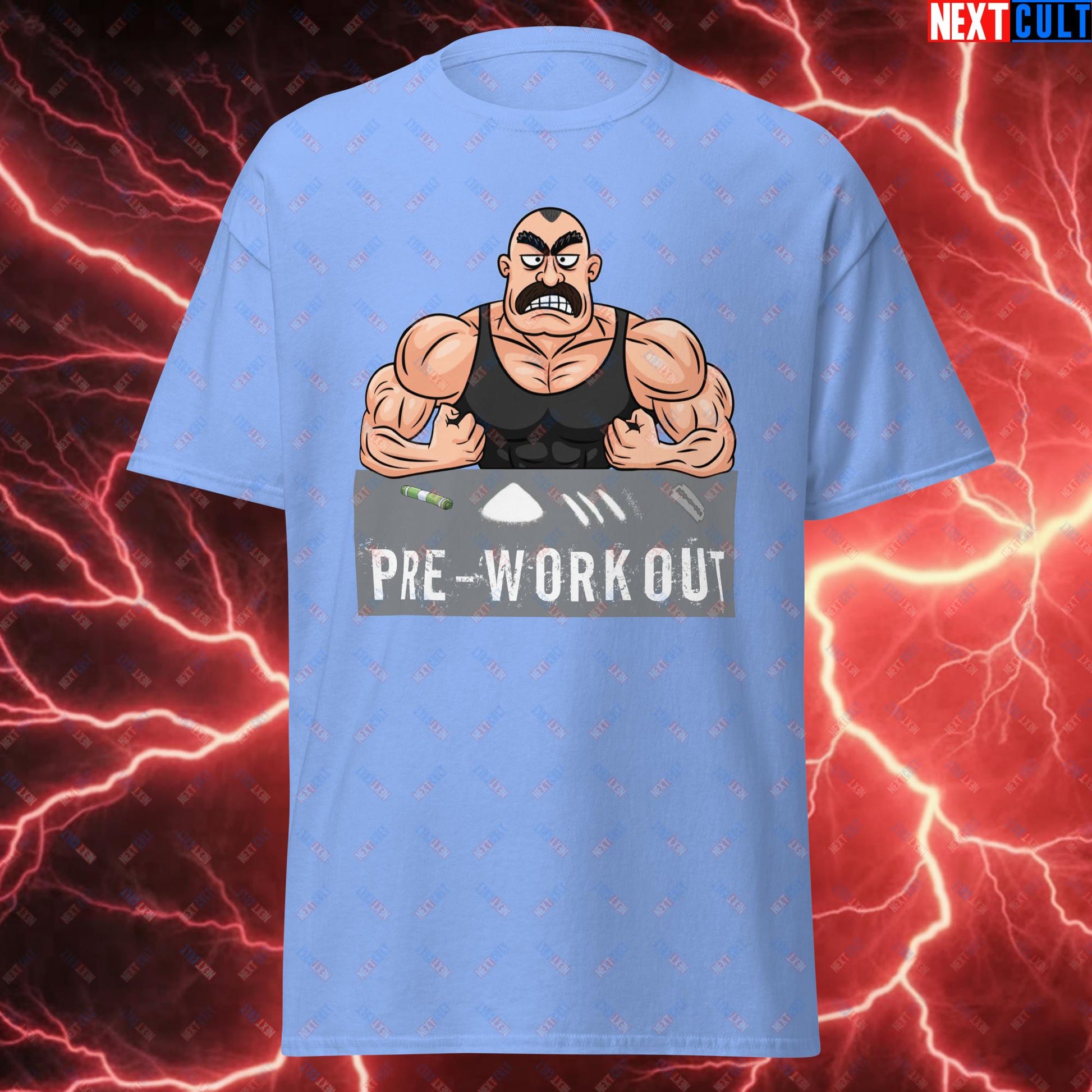 I Love Pre-workout Gym Bro Fitness Bodybuilding Workout Weightlifting Powerlifting Funny Meme Cartoon Unisex tee Carolina Blue T-shirts Fitness Gym Workout Next Cult Brand