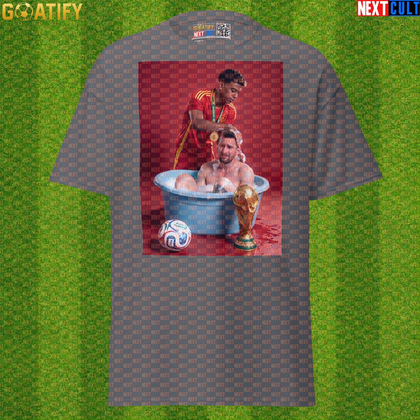 Lamine Yamal T-Shirt – World Cup Final Bath Meme Graphic Tee for Spain and Barcelona Fans |  | ["Argentina", "Barcelona", "Football", "Lamine Yamal", "Lionel Messi", "Soccer", "Spain"]