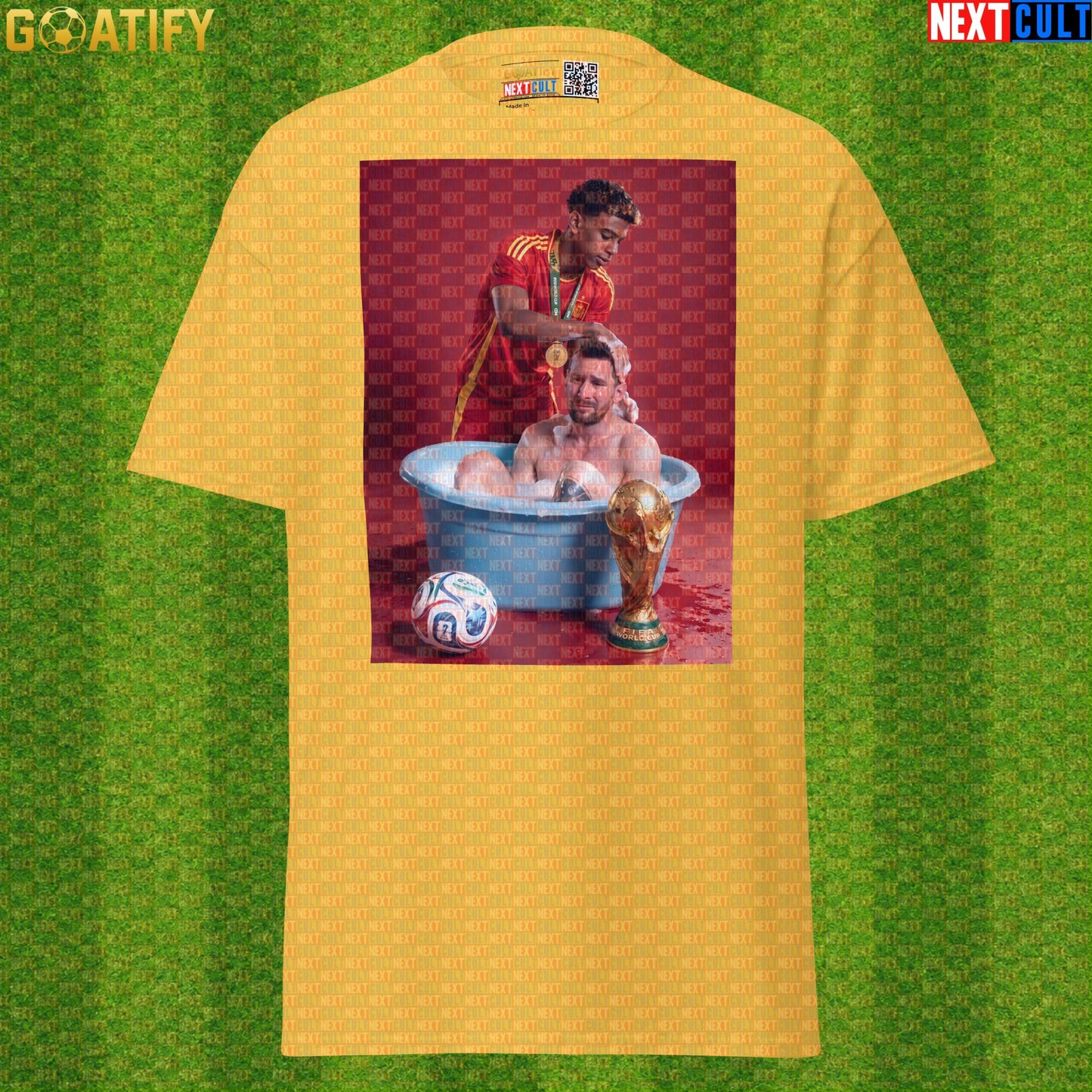 Lamine Yamal T-Shirt – World Cup Final Bath Meme Graphic Tee for Spain and Barcelona Fans |  | ["Argentina", "Barcelona", "Football", "Lamine Yamal", "Lionel Messi", "Soccer", "Spain"]