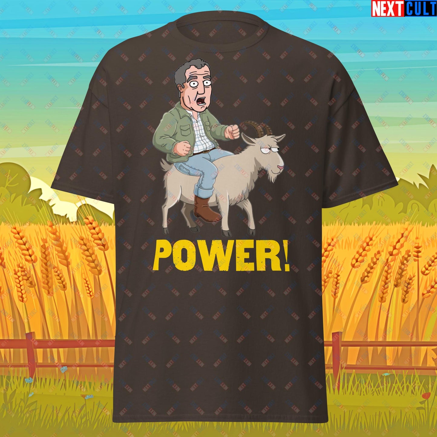 Speed and Power Goat Jeremy Clarkson's Farm Diddly Squat Grand Tour Top Gear Funny Meme Cartoon Unisex tee Dark Chocolate T-shirts Clarkson's Farm Grand Tour Jeremy Clarkson Top Gear TV Shows Next Cult Brand