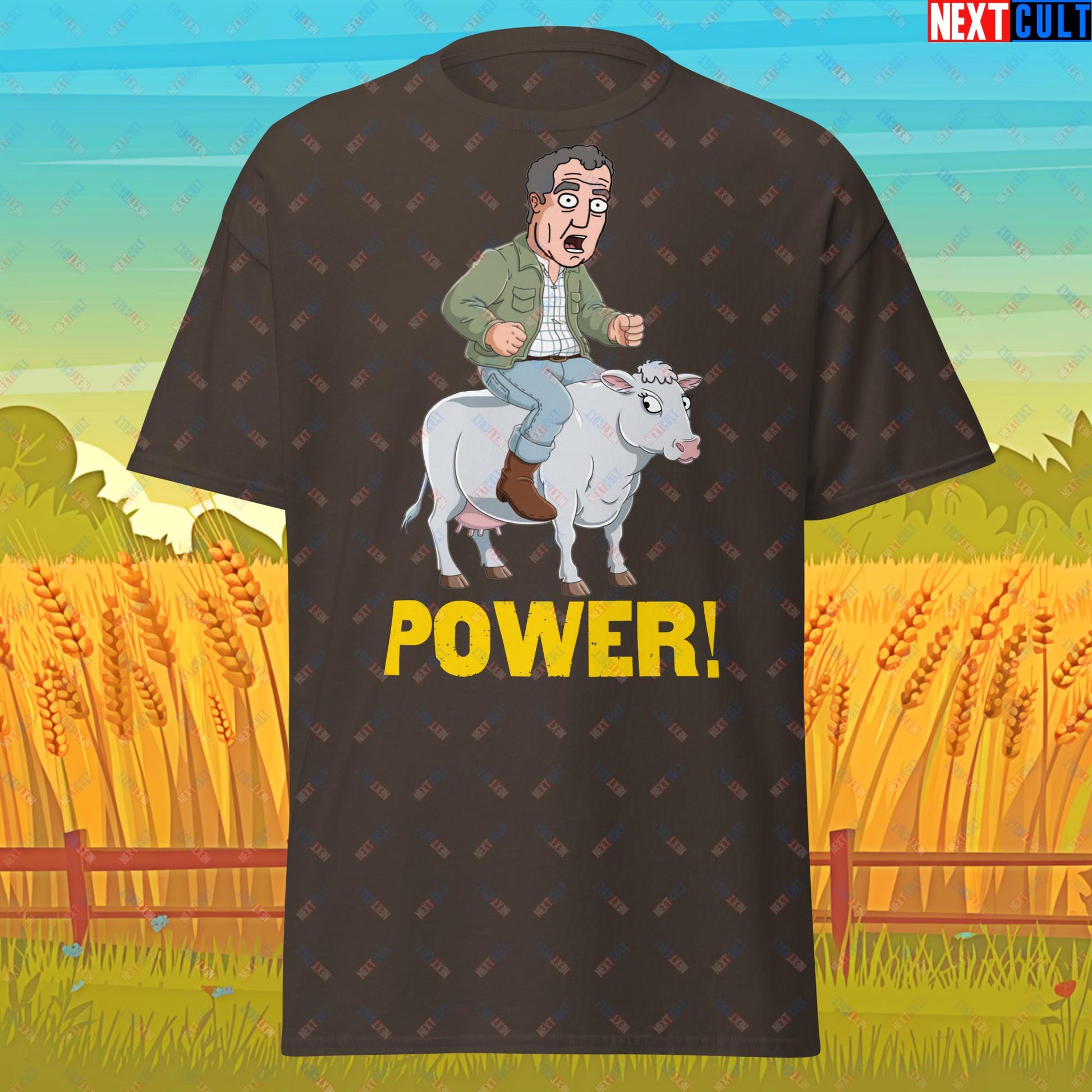 Speed and Power Pepper Cow Jeremy Clarkson's Farm Diddly Squat Grand Tour Top Gear Funny Meme Cartoon Unisex tee Dark Chocolate T-shirts Clarkson's Farm Grand Tour Jeremy Clarkson Top Gear TV Shows Next Cult Brand