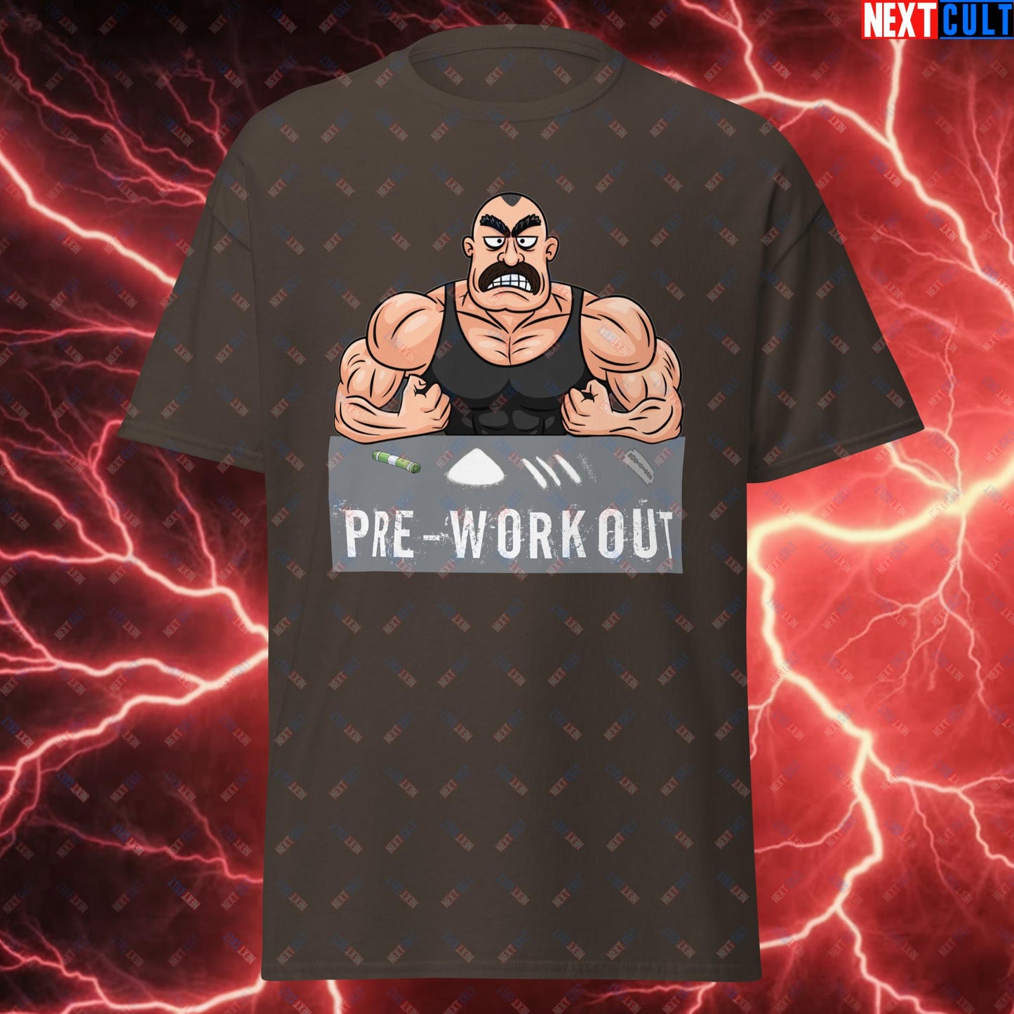 I Love Pre-workout Gym Bro Fitness Bodybuilding Workout Weightlifting Powerlifting Funny Meme Cartoon Unisex tee Dark Chocolate T-shirts Fitness Gym Workout Next Cult Brand